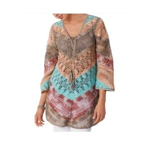 Soft Surroundings Open Knit CROCHET BOHO DRESS‎  Tunic  Bell Long Sleeve Size PL